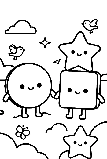 Cloud Themed Shapes Coloring Page with Stars Circles and Squares Printable
