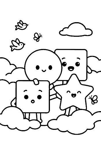 Cute Shapes Sitting on Clouds in the Sky Coloring Worksheet Printable