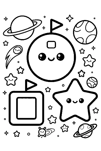 Cute Space Shapes Characters with Planets and Cosmic Elements Printable