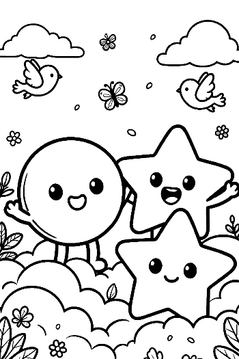 Happy Shapes Playing in the Clouds Coloring Sheet for Kids Printable