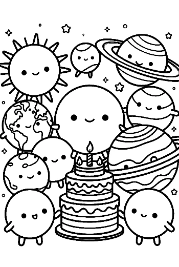 Cute Celestial Characters Around a Birthday Cake Printable