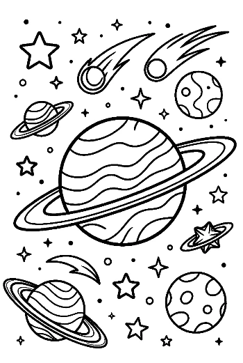 Giant Ringed Planet Floating Among Shooting Stars Printable