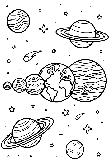 Group of Planets Floating in a Starry Sky Printable