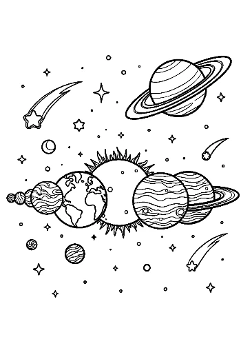 Horizontal Lineup of Planets with Shooting Stars Printable