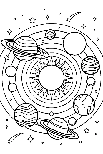 Orrery Style Solar System with Star Background Printable