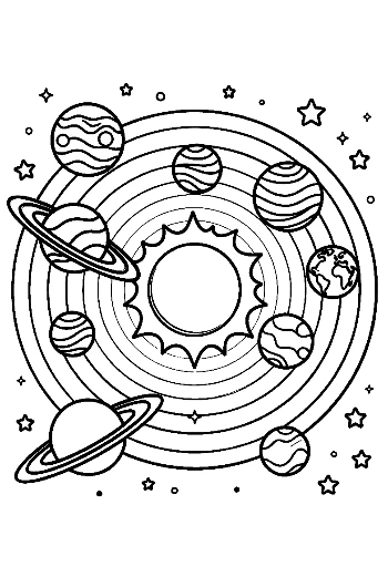 Simple Space Scene with Sun and Orbiting Spheres Printable