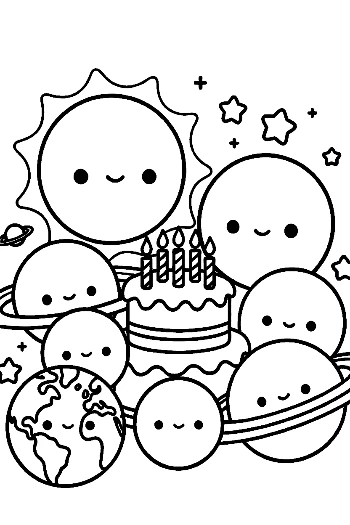 Smiling Sun and Planets with Festive Decorations Printable