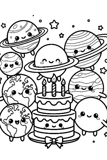 Stack of Cute Planets and Sun with a Cake Printable