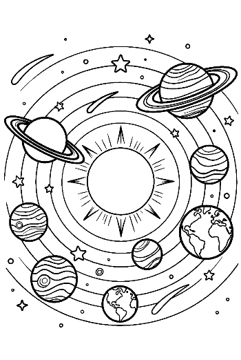 Sun-Centered Solar System with Rotating Planets Printable