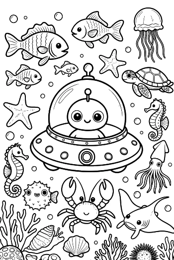 Little Alien Swimming with Ocean Fish Printable
