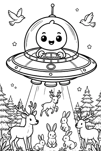 Sci-Fi Spaceship Visiting Forest Deer Printable