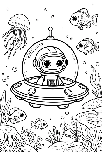 Underwater Alien Discovering Sea Life Printable