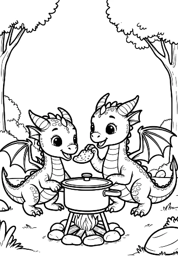 Adorable Dragon Duo Preparing Meal Printable