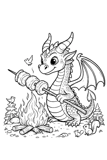 Adorable Fire Dragon Camping by a Bonfire Printable