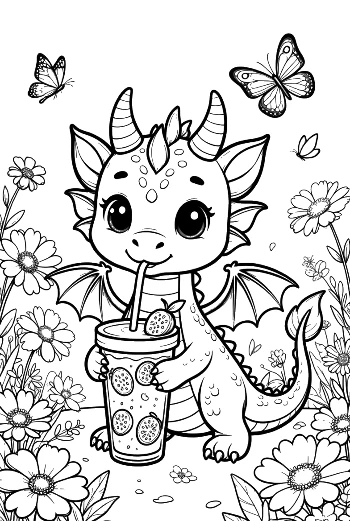 Adorable Fire Dragon with a Summer Drink Printable