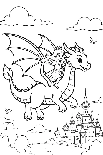 Baby Dragon Flying Near a Fairytale Castle Printable