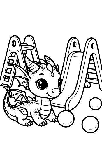 Baby Dragon Playing on Backyard Slide Printable