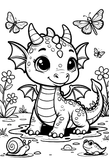Baby Dragon Smiling in Flower Meadow Printable