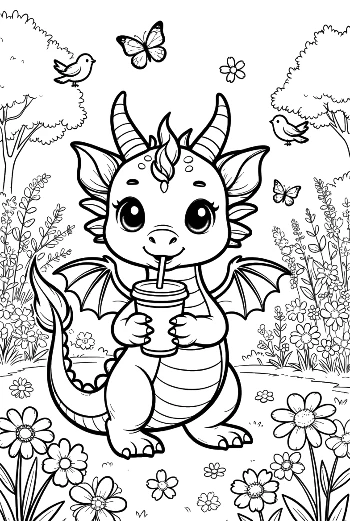 Cute Dragon Holding a Refreshing Beverage Printable
