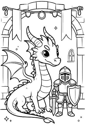 Cute Fire Dragon Talking to a Small Knight Printable