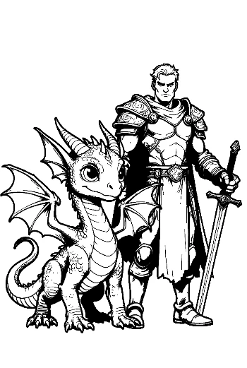 Knight and Baby Dragon Line Art