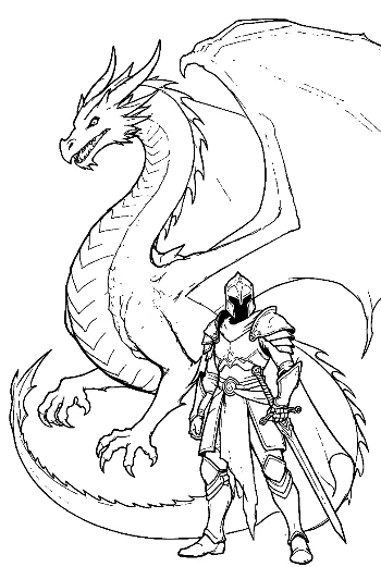 Mighty Fire Dragon and Knight Line Art