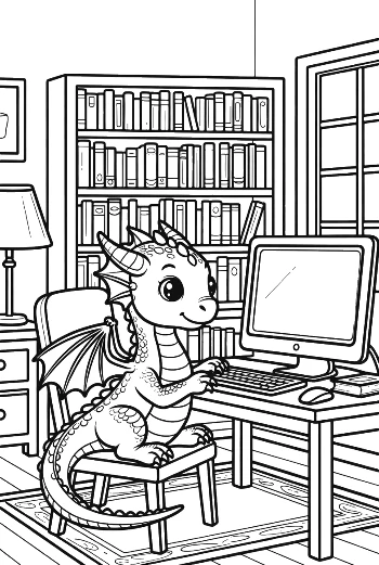 Small Dragon Playing Computer Games Printable