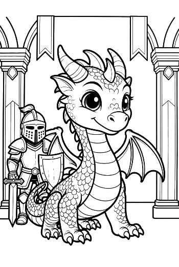 Small Fire Dragon Standing with a Knight Printable