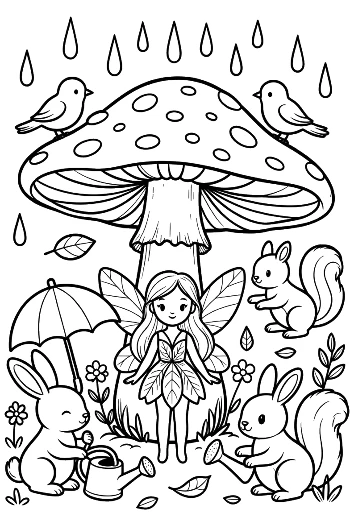 Adorable Fairy Resting on a Mushroom in the Rain Printable
