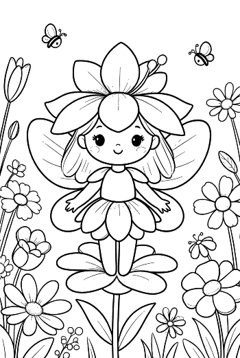 Flower-Themed Fairy Girl for Kids Coloring Printable