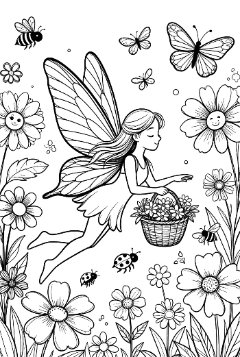 Flying Flower Fairy with a Basket of Petals Printable
