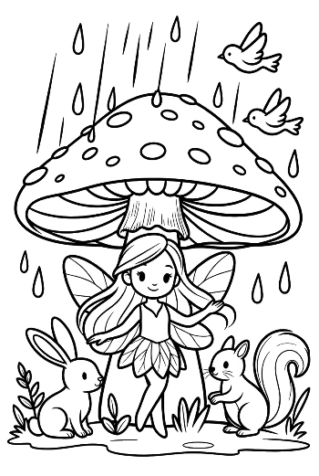 Garden Fairy Sheltering Bunnies Under a Mushroom Printable