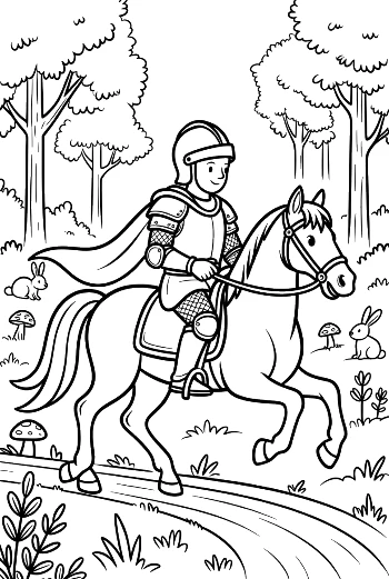 Brave Knight on a Stallion Riding Past Forest Trees Printable
