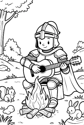 Happy Knight Playing Music by the Forest Campfire Printable