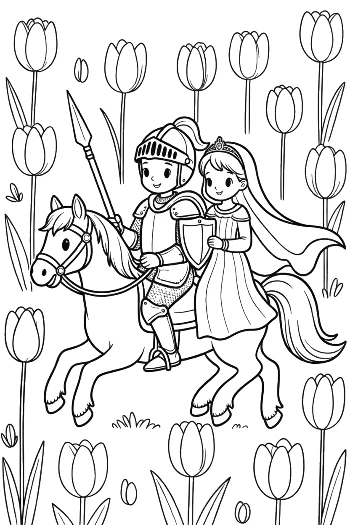 Little Knight and Princess Riding a Pony in a Flower Field Printable