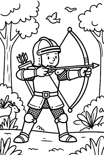 Medieval Boy Archer Practicing Archery in the Woods Printable