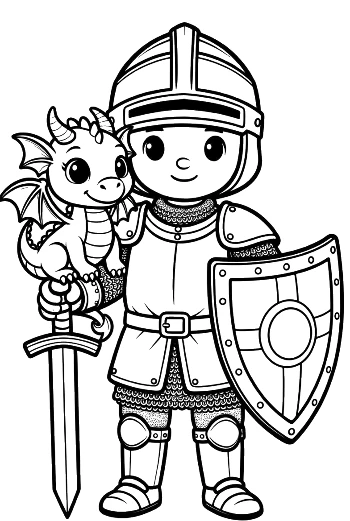 Protective Knight Standing with His Little Dragon Companion Printable