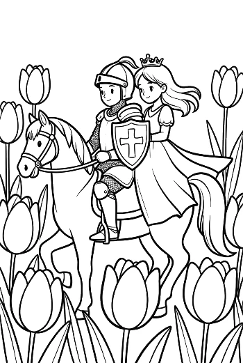 Romantic Knight and Princess Riding a Stallion Among Flowers Printable