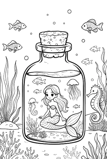 Adorable Mermaid Princess Living in a Sea-Themed Glass Bottle Printable