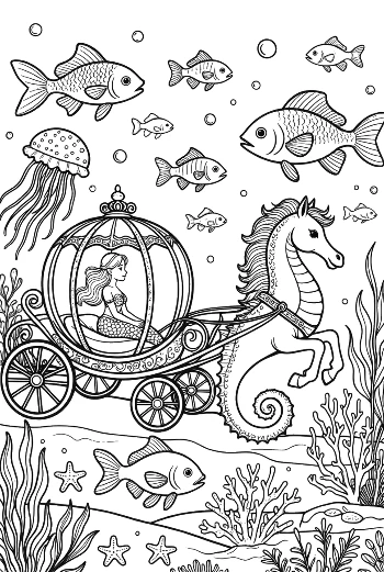 Beautiful Mermaid Princess in an Ocean Carriage Pulled by a Seahorse Printable