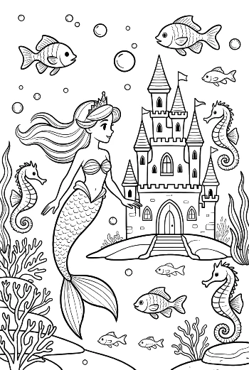 Beautiful Mermaid Sitting by a Royal Ocean Palace Printable
