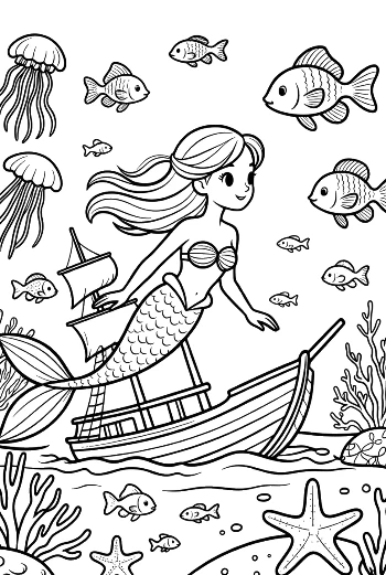 Cute Mermaid Princess Swimming Beside an Old Treasure Ship Printable