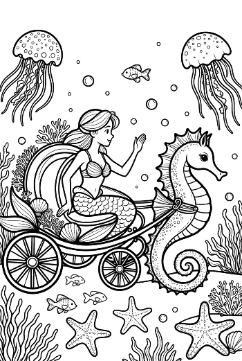 Elegant Mermaid Princess Traveling in a Grand Seahorse Chariot Printable