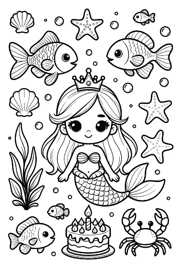 Joyful Mermaid Princess Presenting a Large Birthday Cake Printable