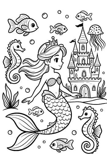Lovely Mermaid Princess Waving in Front of a Sea Castle Printable