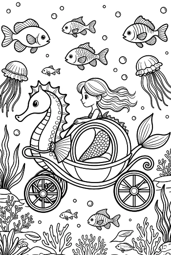 Ocean Princess Mermaid Enjoying a Ride in a Seahorse Carriage Printable