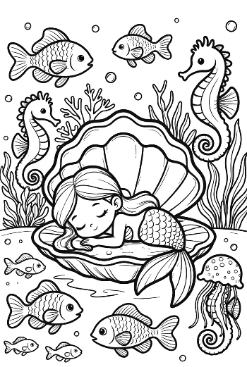 Sweet Little Mermaid Dreaming Inside a Magical Ocean Pearl Shell Printable