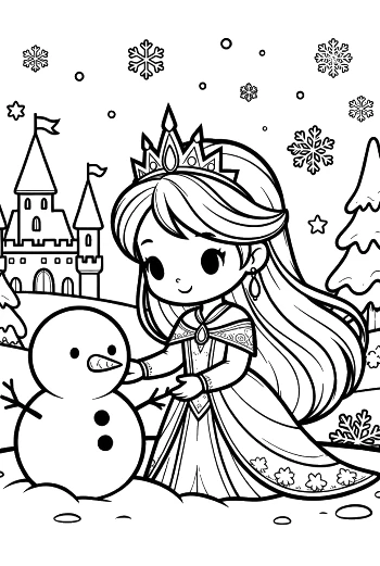 Beautiful Ice Princess Building a Cute Snowman in the Snow Printable