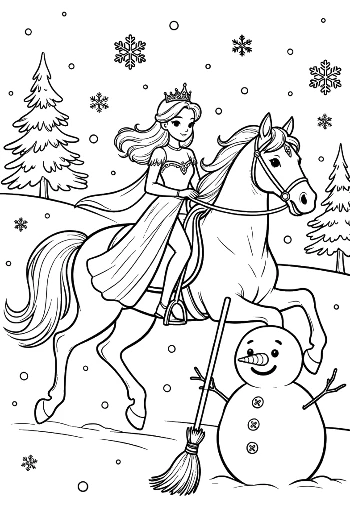 Brave Ice Princess on a Stallion Riding Past a Winter Snowman Printable