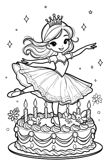 Süßes Ausmalbild Ballerina-Prinzessin feiert mit Geburtstagstorte